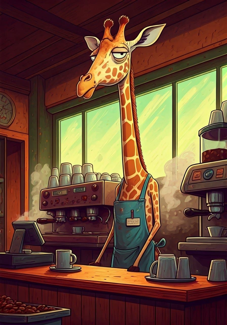 Giraffe Barista in Ren and Stimpy Rick and Morty Style