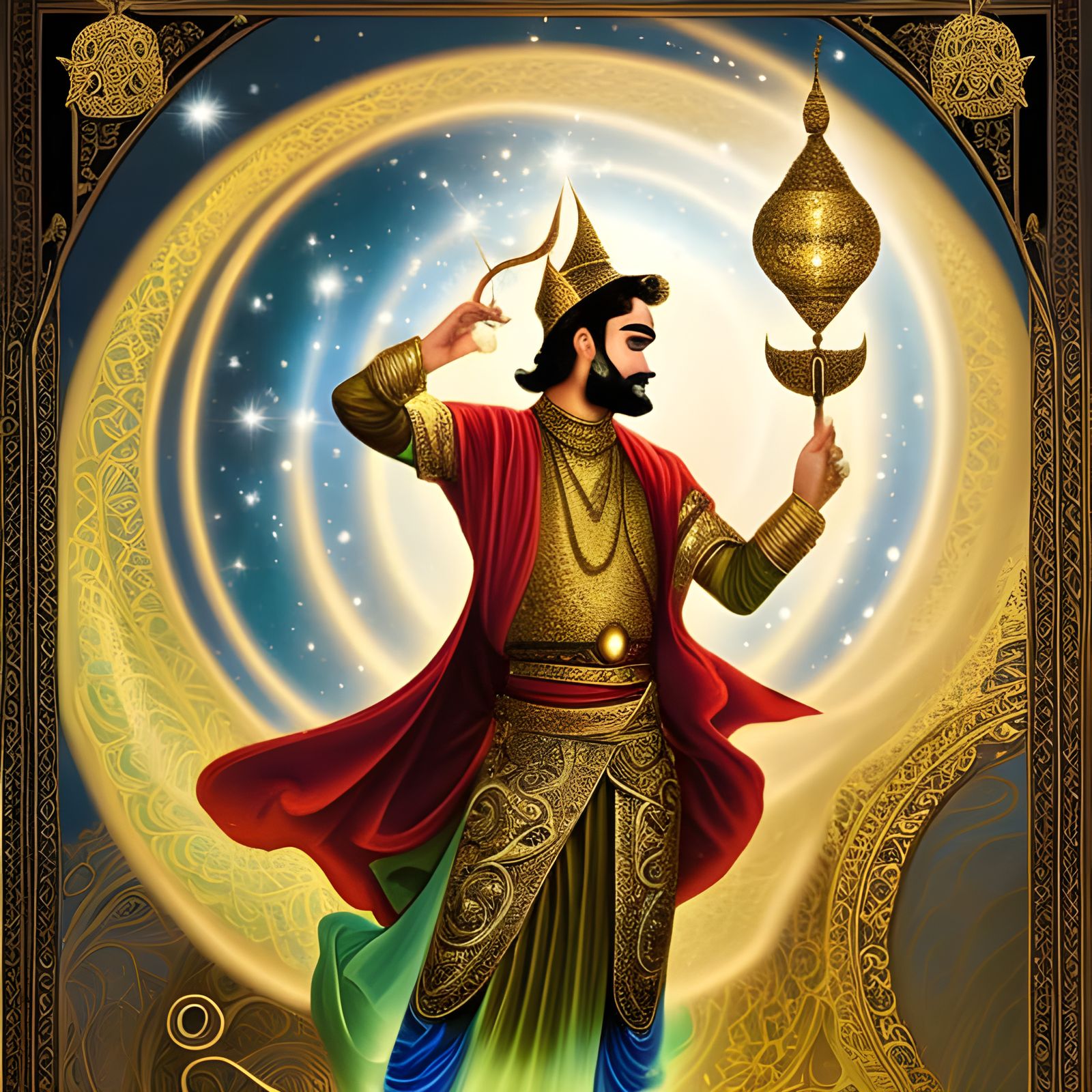 Magical Genie with Lamp in Art Nouveau Style