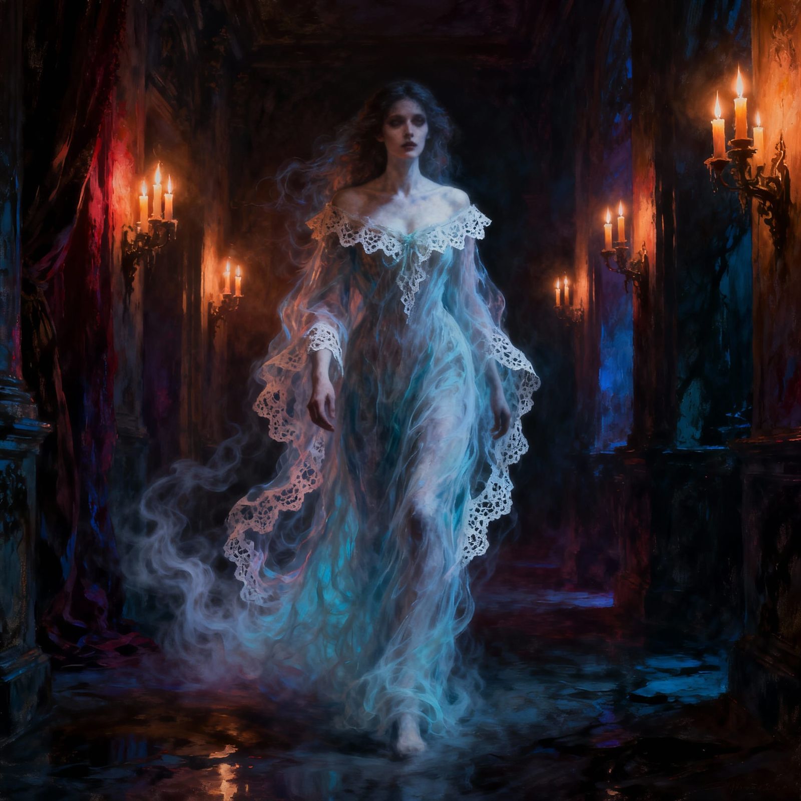 Ethereal Ghostly Woman in Candlelit Halls, Painterly Style