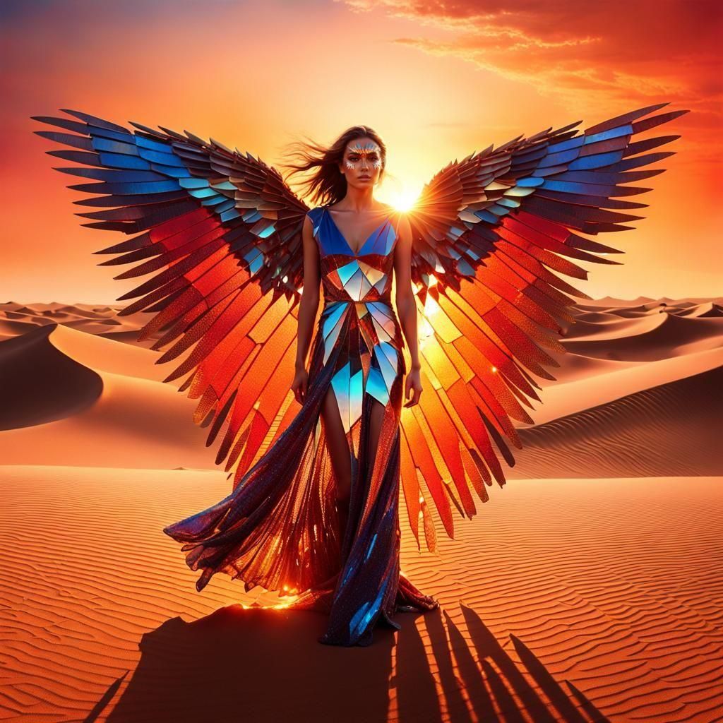 Woman with Shattered Glass Wings in Desert Sunset
