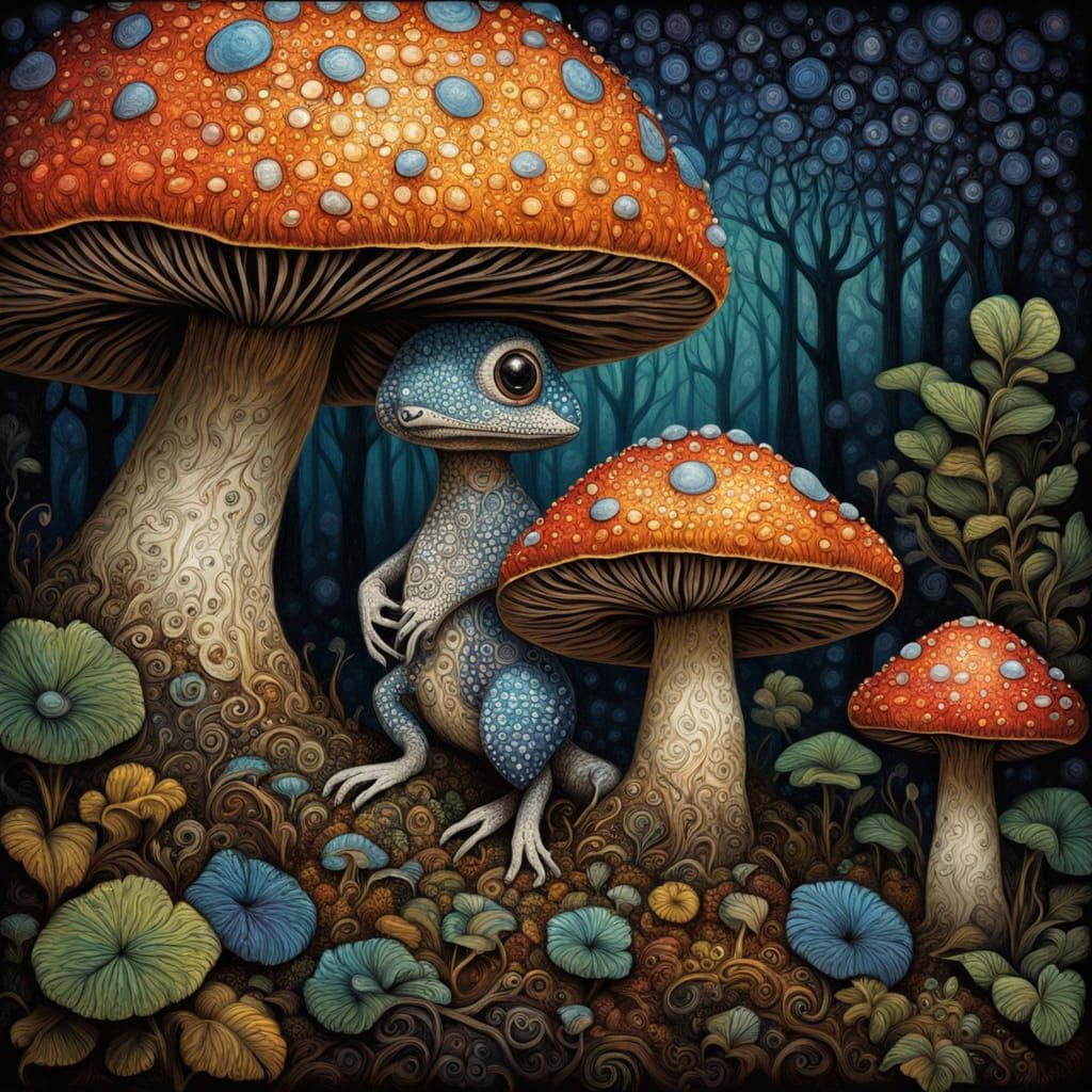 Mushroom in Whimsical Pointillisme Style with Intricate Fili...