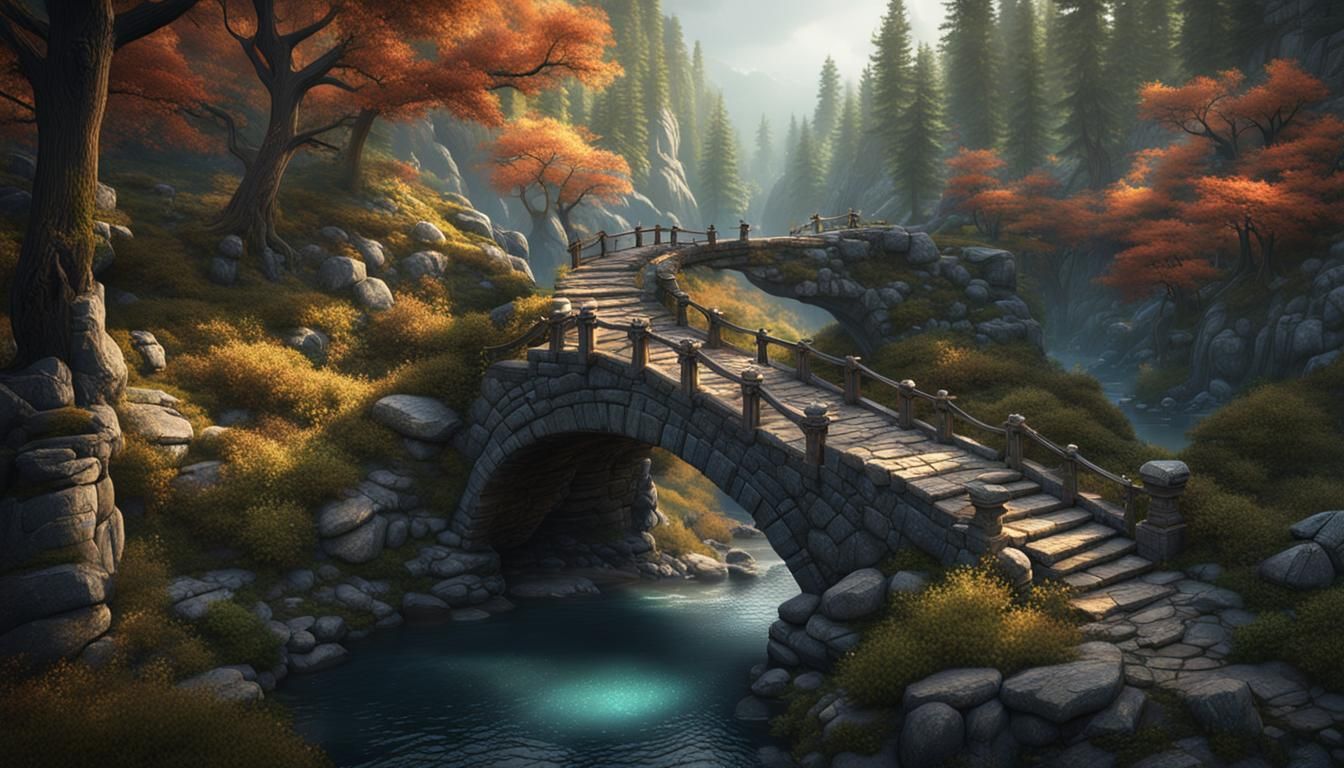 Stone Bridge Over Pine Gorge: Fantasy Concept Art