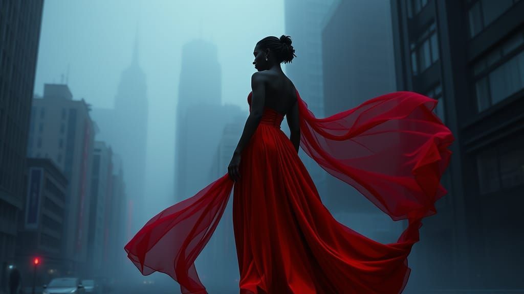 Film Noir Black Actress in Misty Cityscape