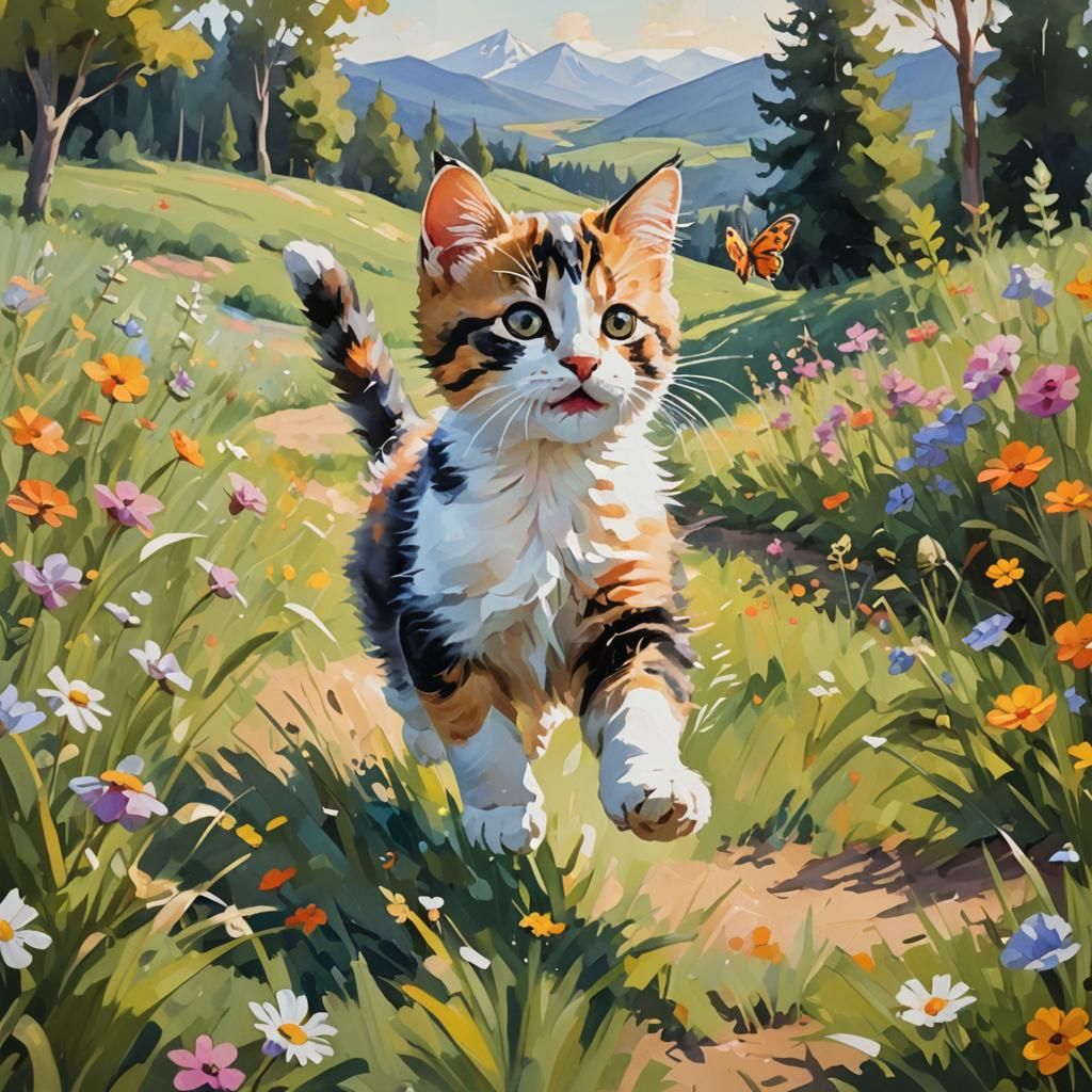 Calico Kitten's Butterfly Chase: Impressionist Oil Painting