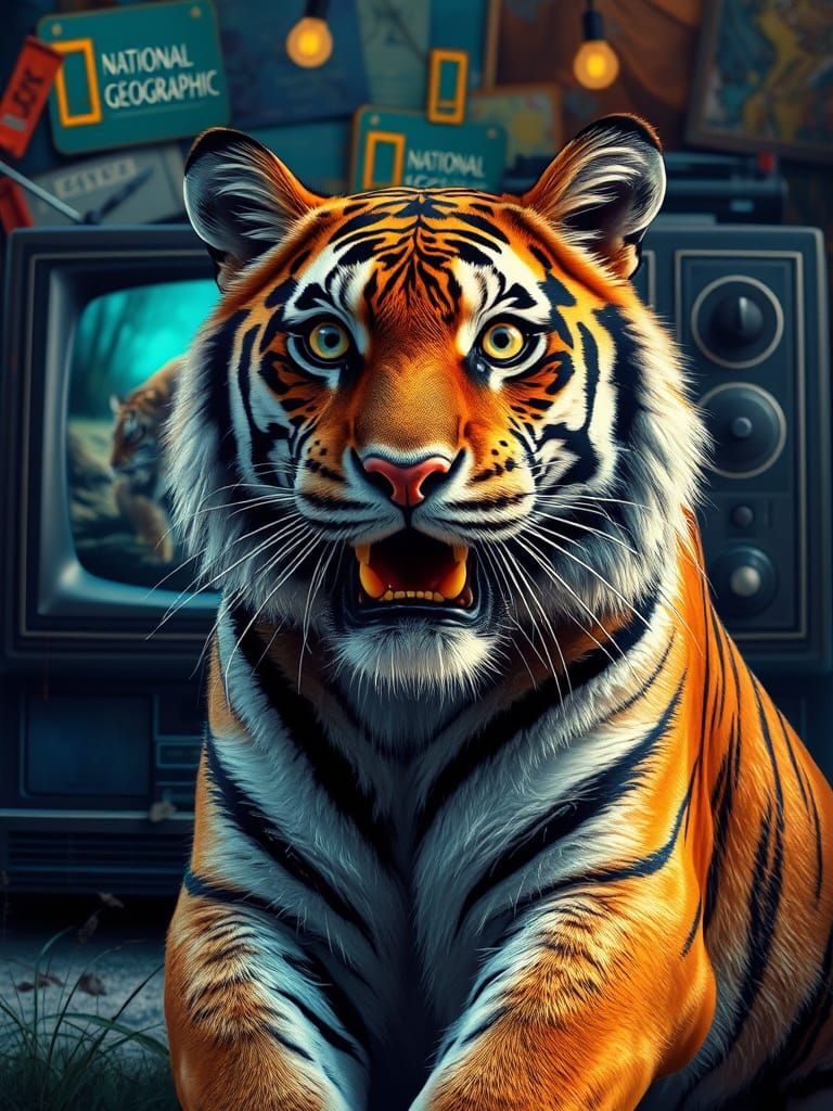 Surprised Tiger Watching TV in Splash Art Style