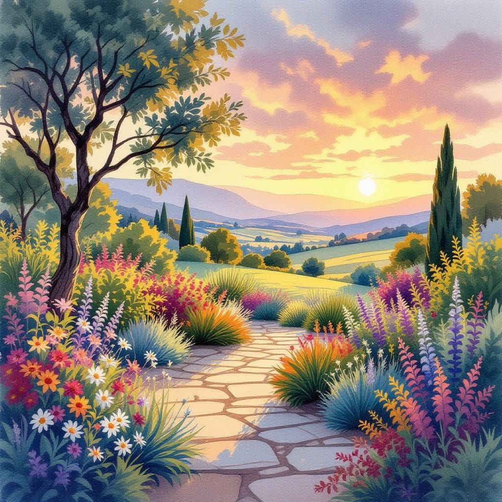 Watercolor Garden Scene at Dawn