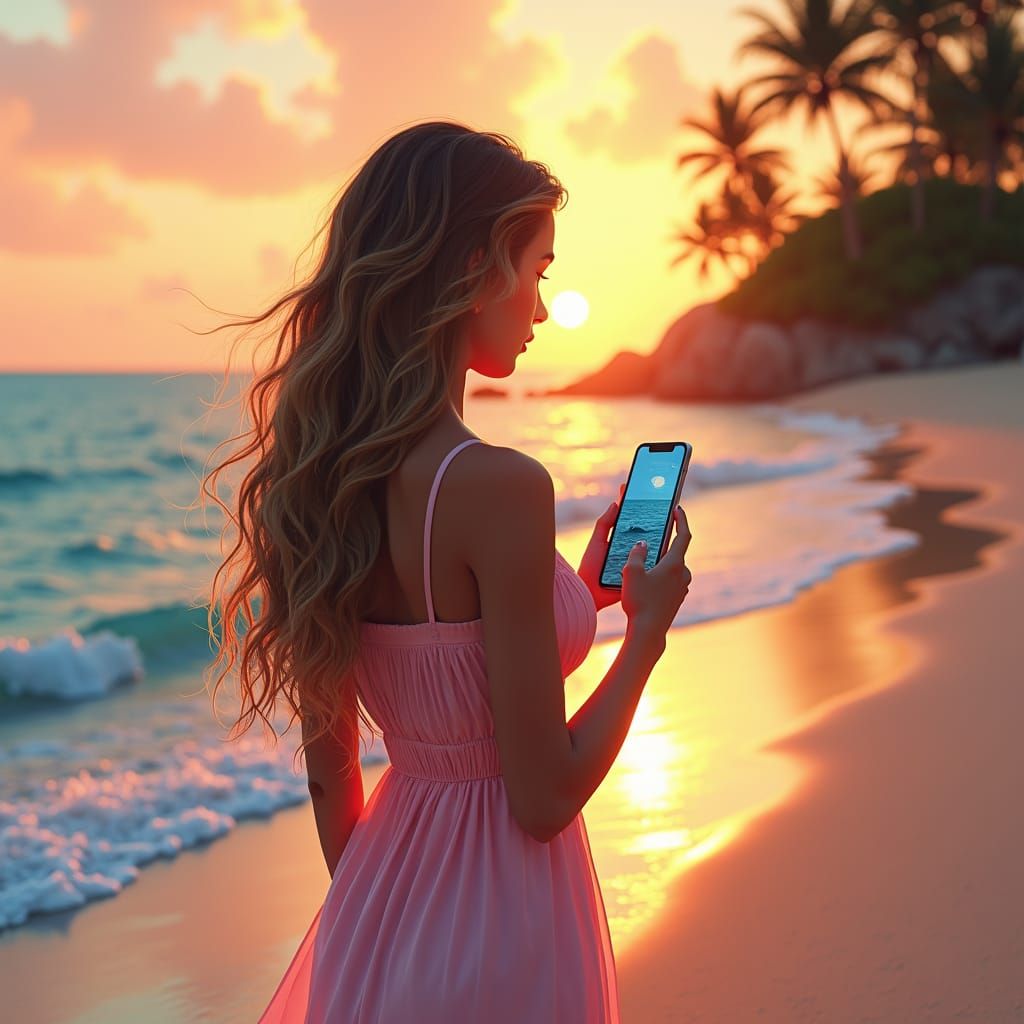 Girl Captures Sunset in Dreamlike Fantasy Art
