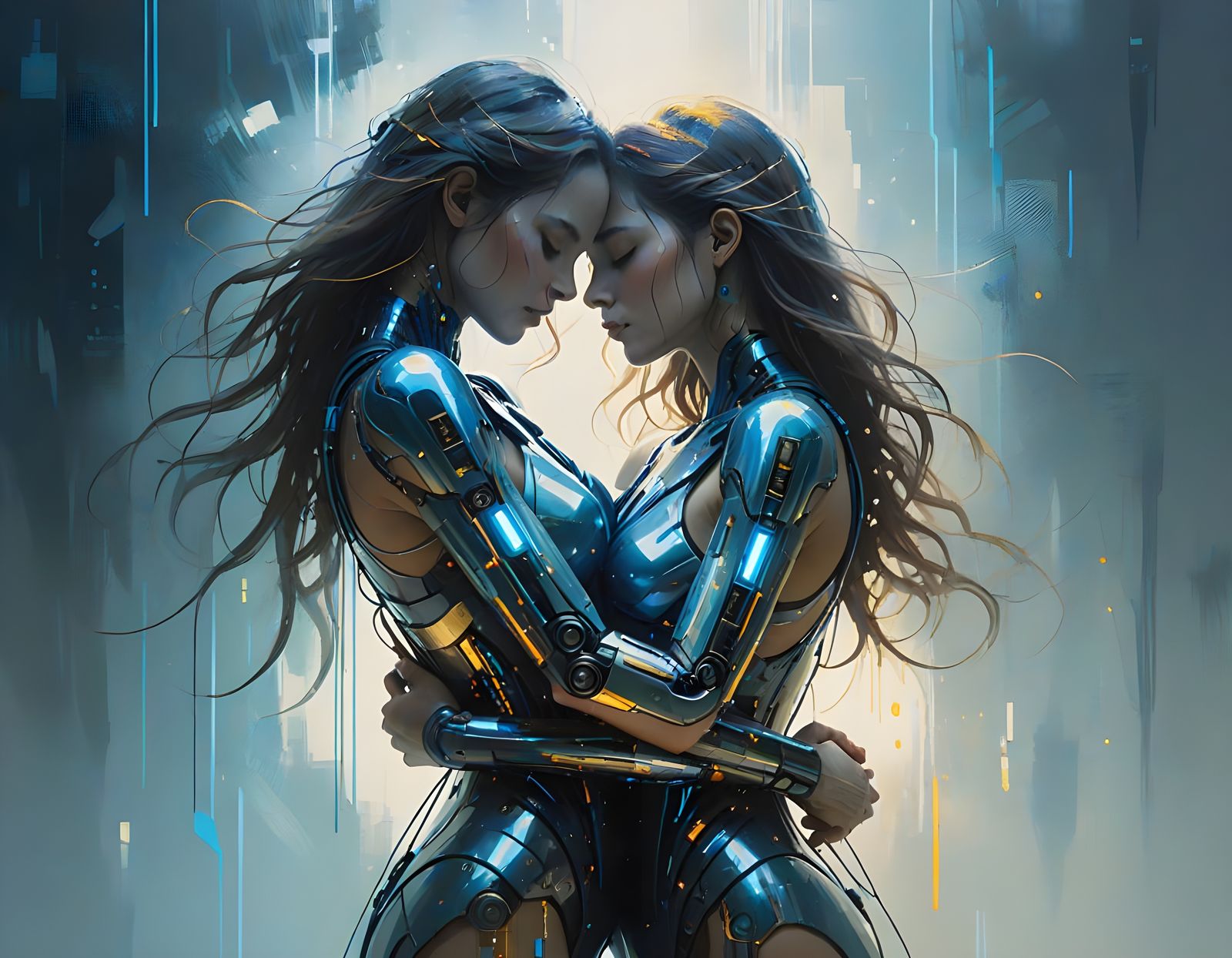 Android Goddess Embracing a Lover in Cyberpunk Style