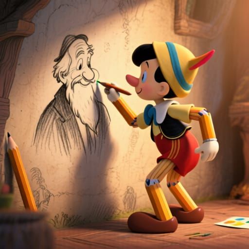 Pinocchio Draws Geppetto in Whimsical Storybook Style
