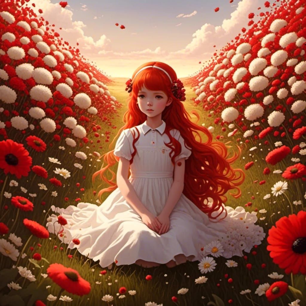 Anime Girl in Flower Field at Golden Hour