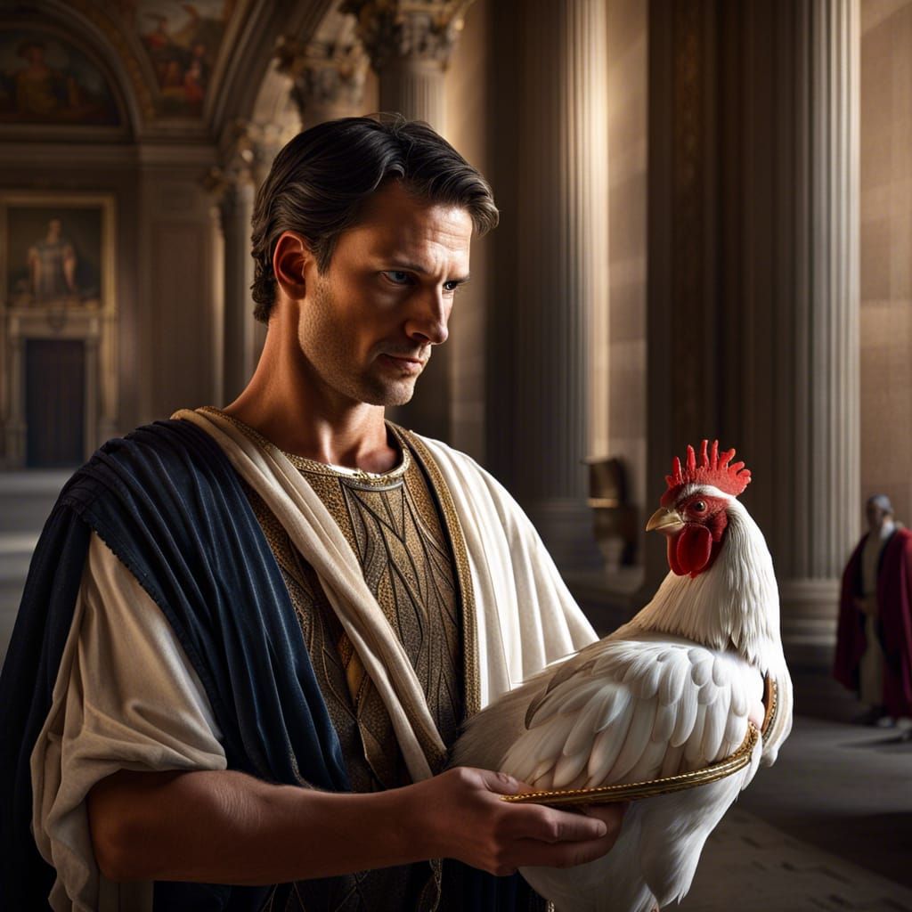 Emperor Feeds Rooster in Roman Palace, Hyperrealistic