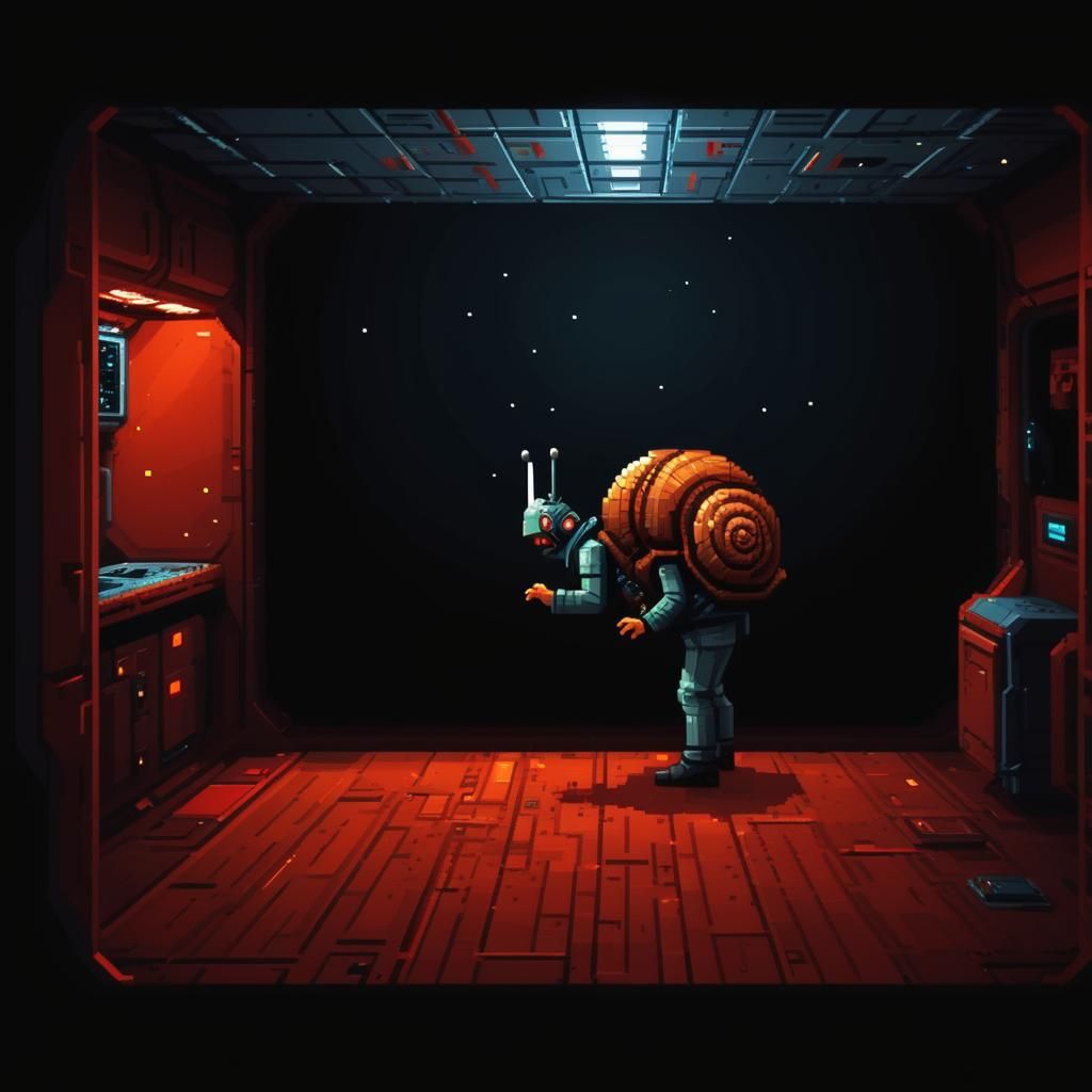 Snail Man in Spaceship Cabin: Pixel Art Style
