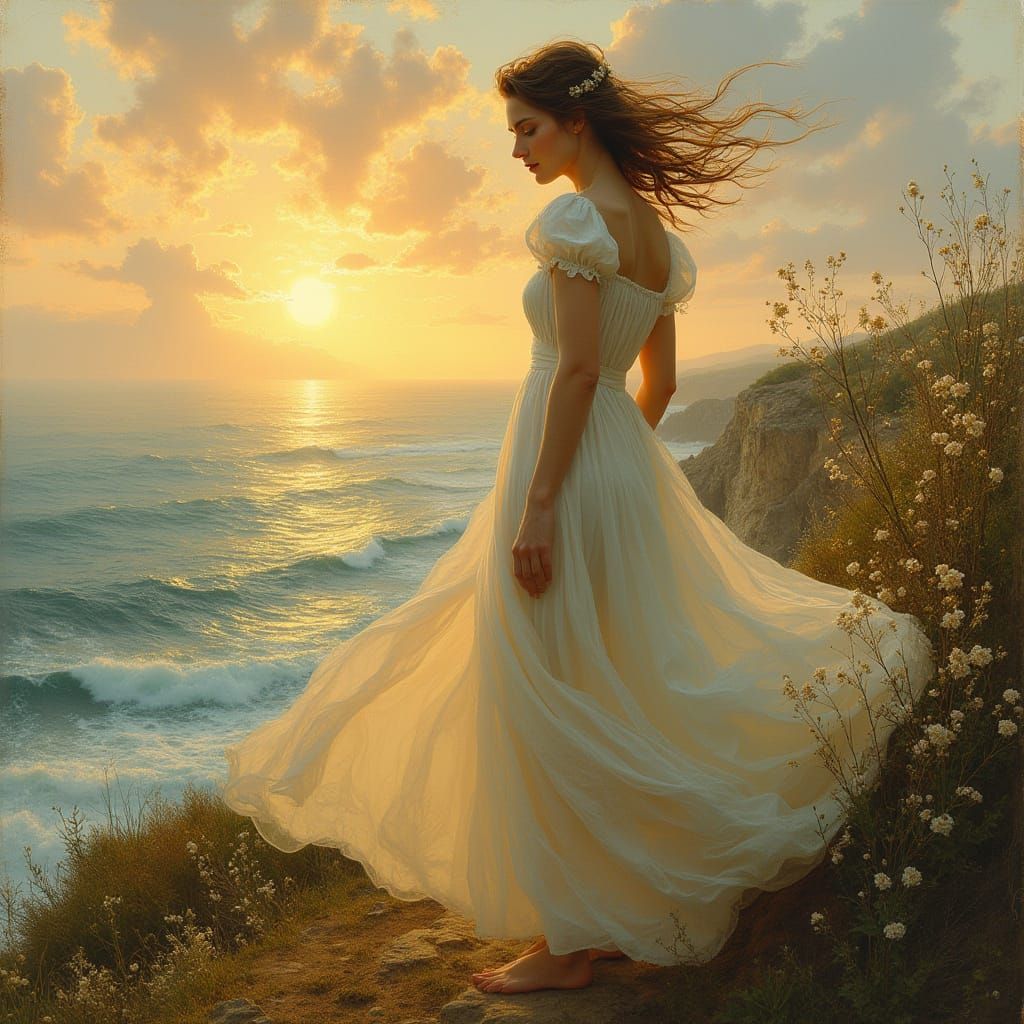 Ethereal Pre-Raphaelite Goddess at Sunset