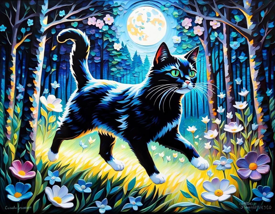 Opalescent Cat Runs Through Moonlit Forest