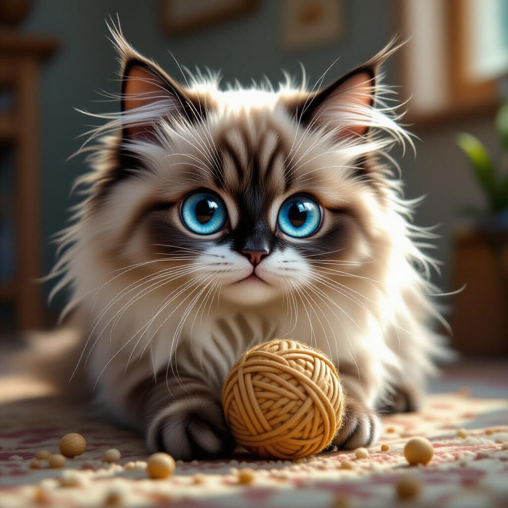 Hyperrealistic Ragdoll Cat Playing with a Wooden Ball