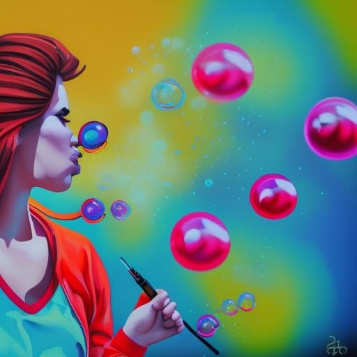 Colorful Graffiti Art: Young Woman Blowing Bubbles