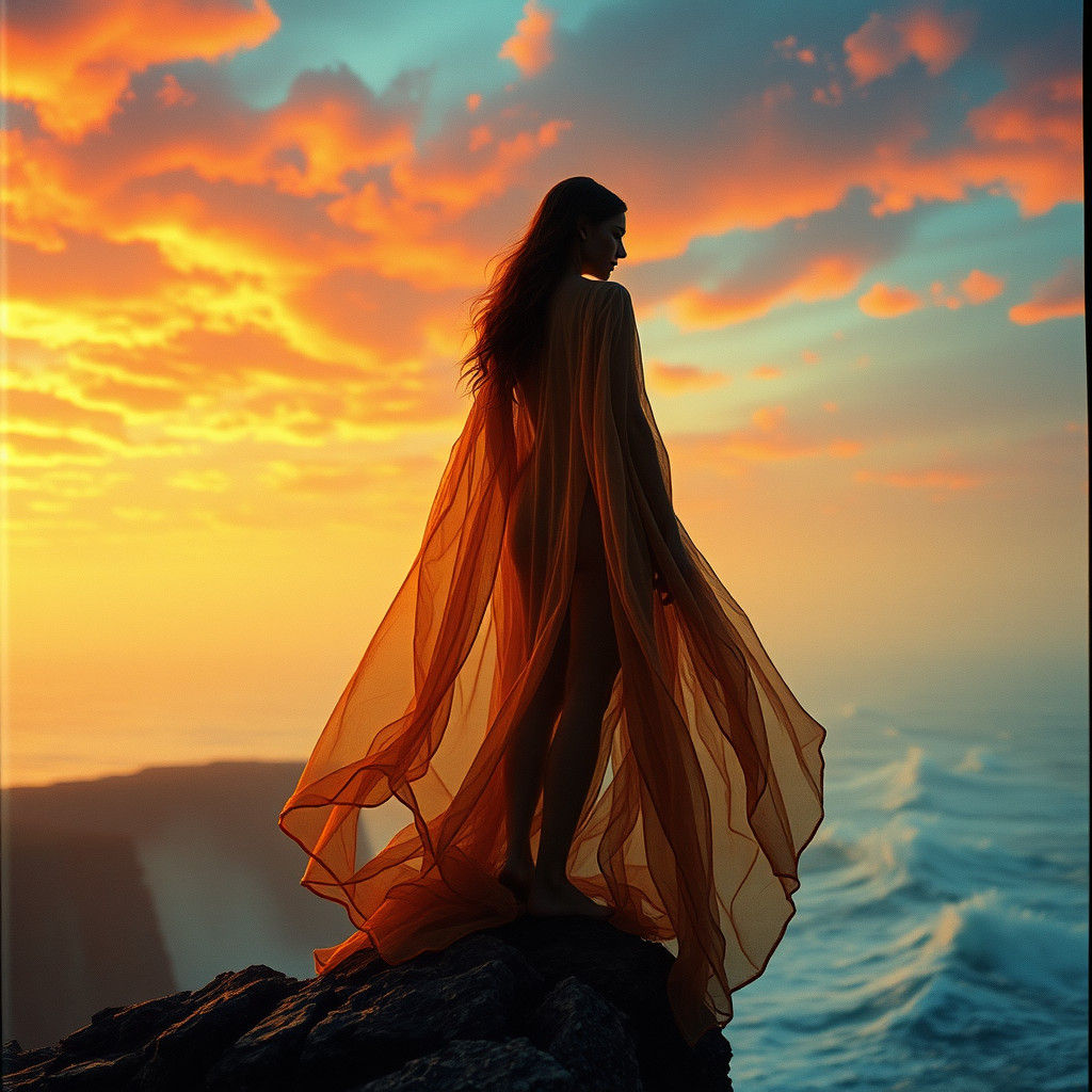 Woman on Cliffside Overlooking Stormy Sea
