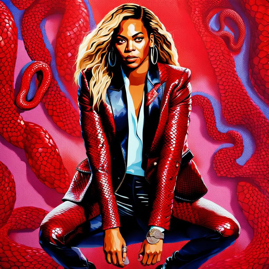 Beyonce in Red Snake Leather Suit: Hyperrealistic Art