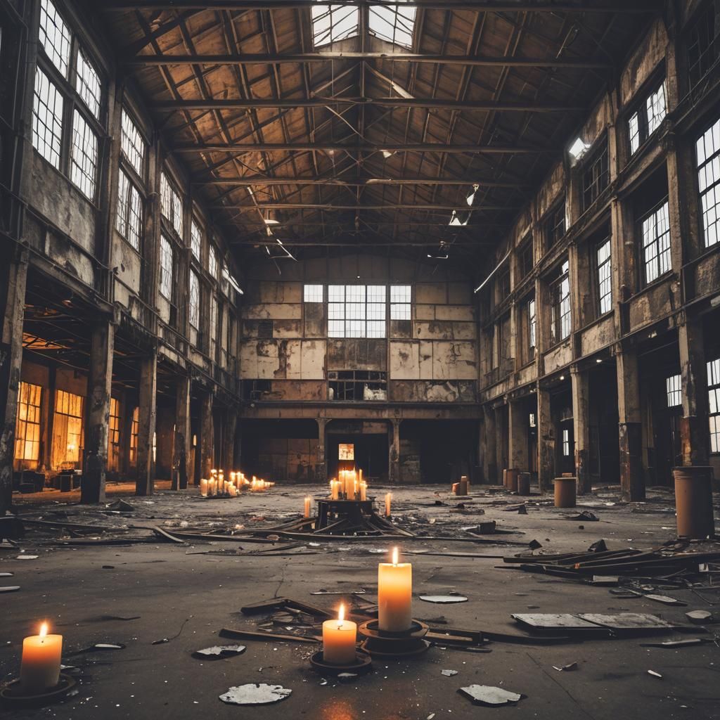 Candlelit Interior of an Abandoned Warehouse