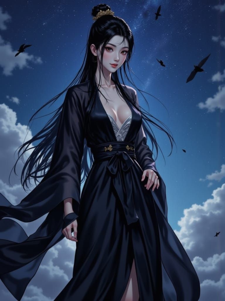 Elegant Donghua Woman in Night Sky, Anime Style