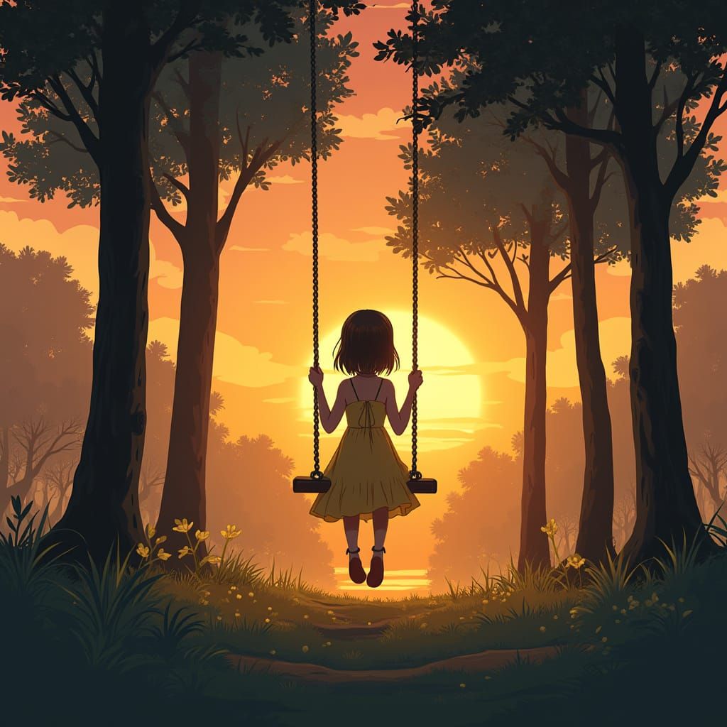 Whimsical Village Scene at Sunset in Dreamy Watercolor Style