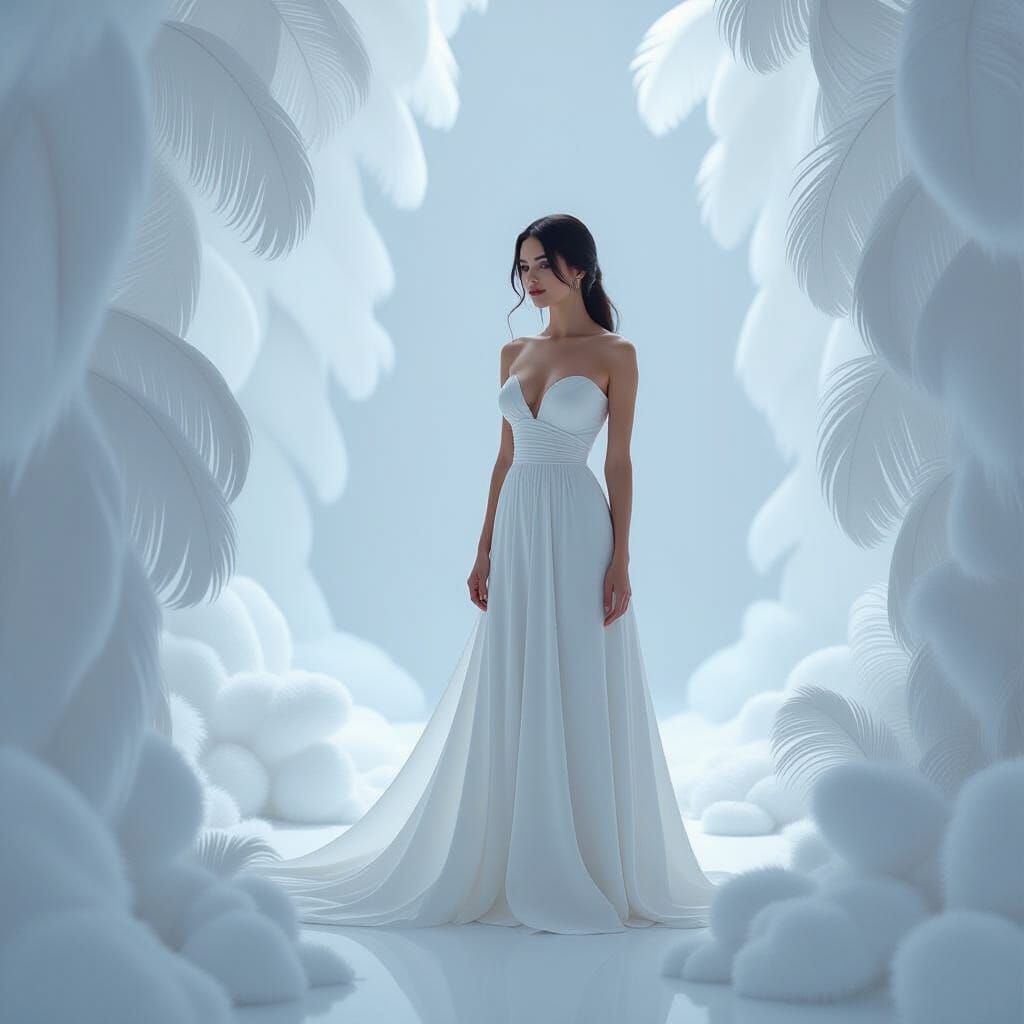 Woman in White Dress Amidst Snow and Clouds