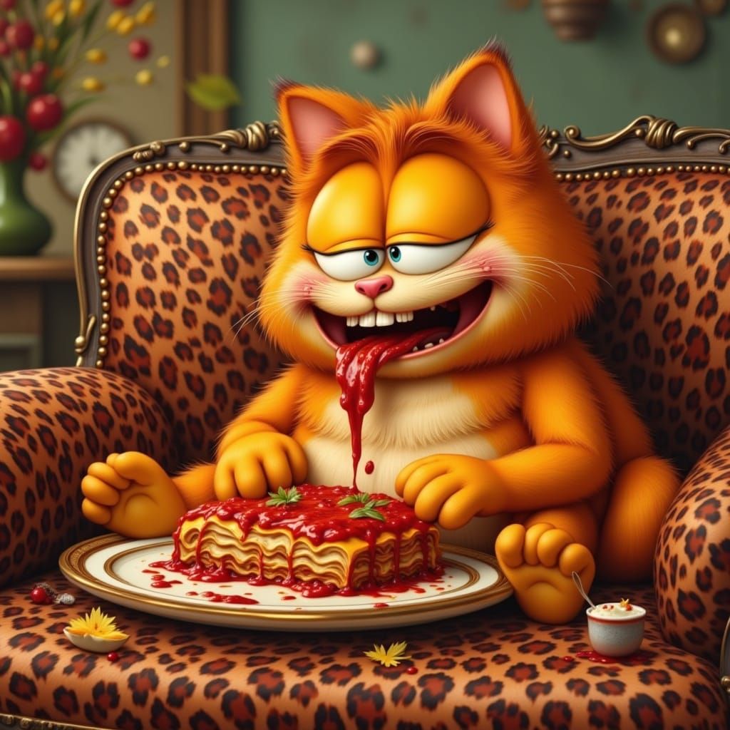 Garfield the Red Cat Enjoys Lasagna on Leopard Couch