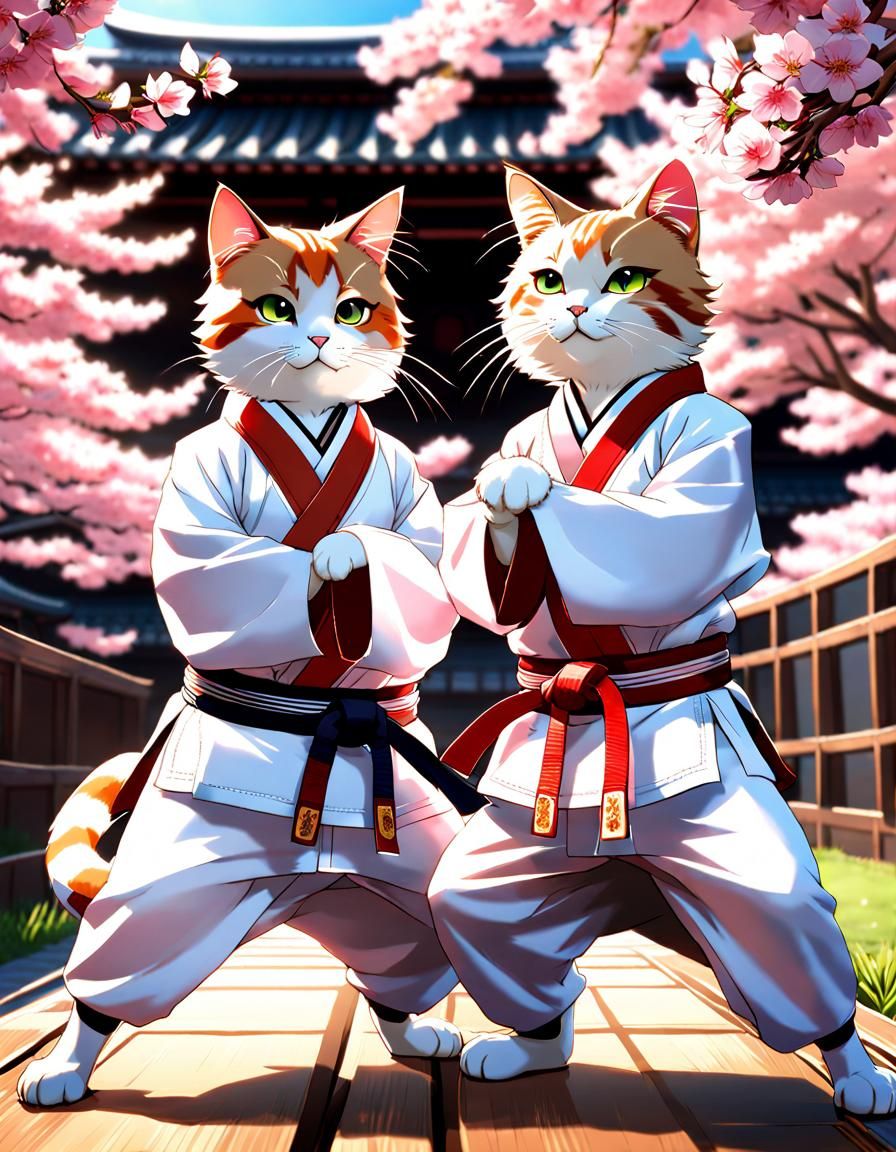 Anime Cats Practice Karate Under Cherry Blossoms