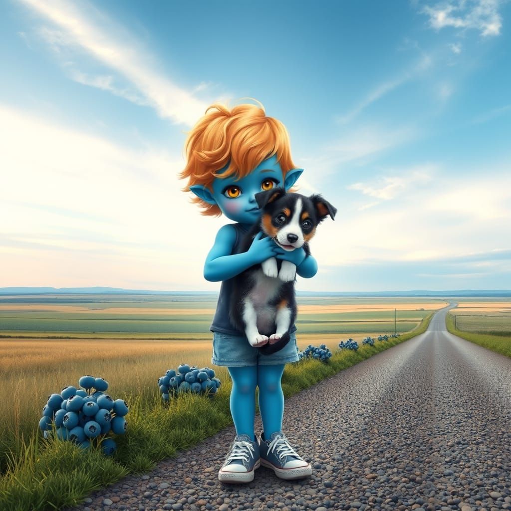 Blue Child with Puppy in Astral Prairie Illustration