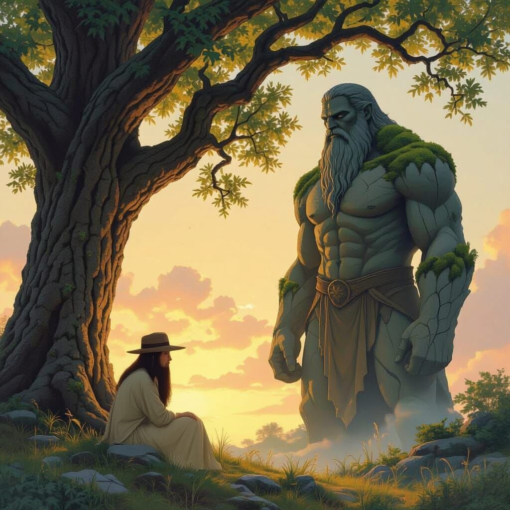 Giant Appears Before Young Man Under Tree