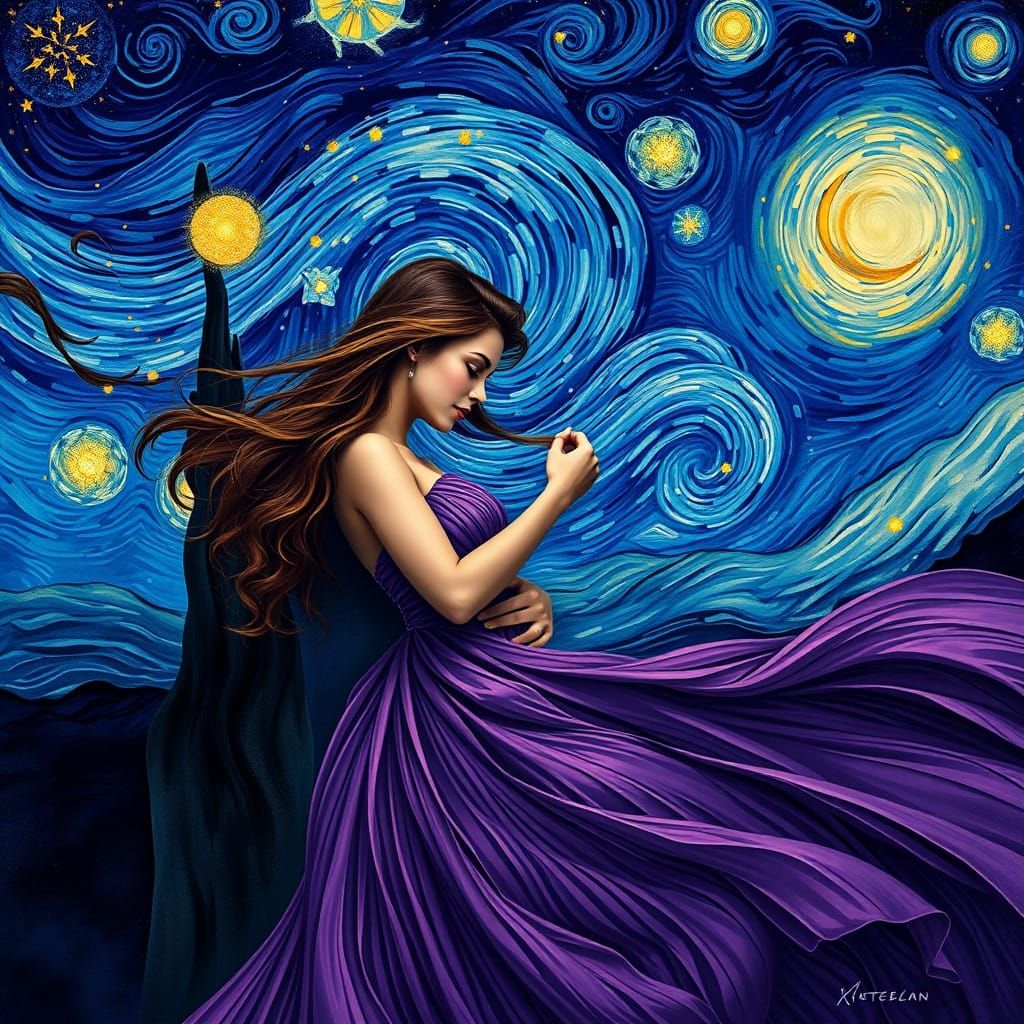 Dreamlike Couple Under Starry Whimsical Night Sky