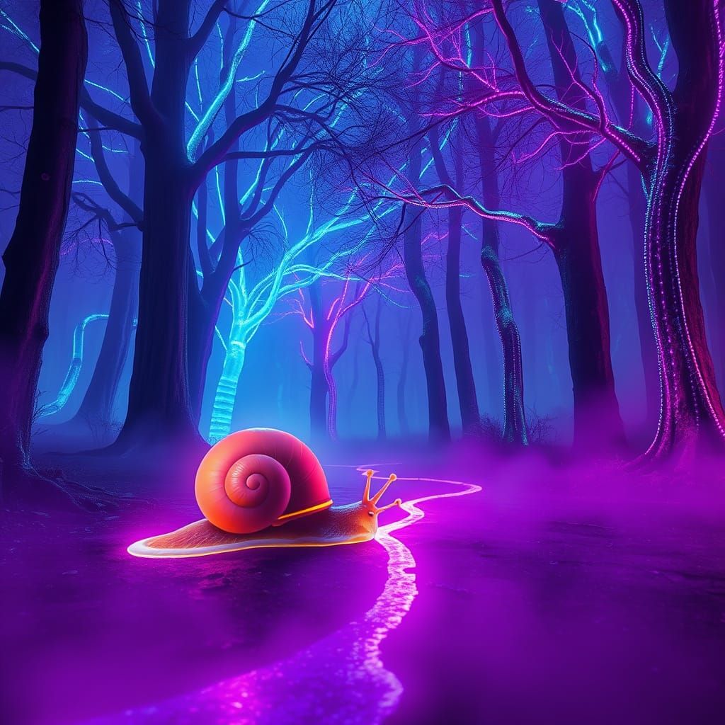 Glowing Snail Illuminates Neon Forest