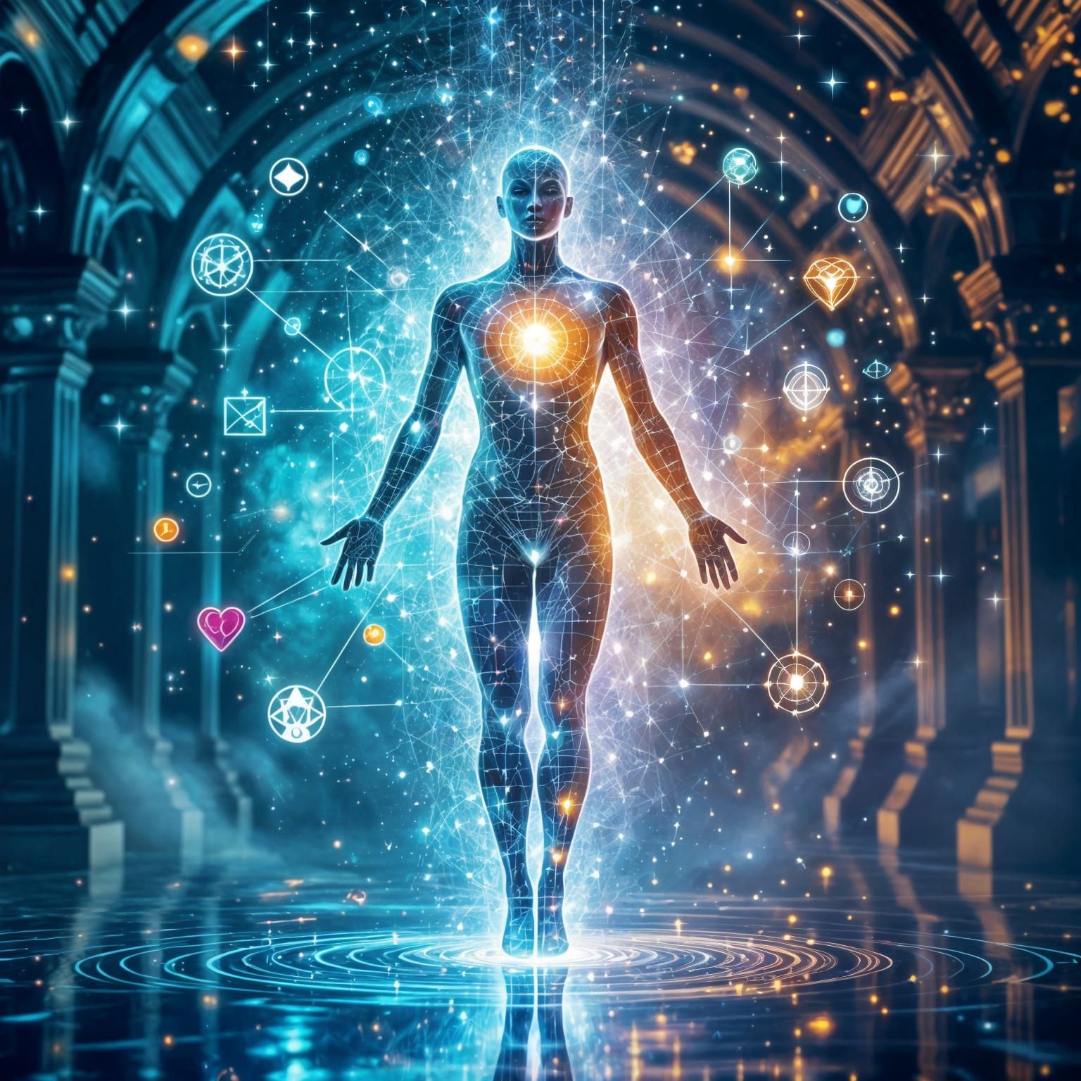 Cosmic Intelligence: Luminous Entity in Surreal-Tech Style