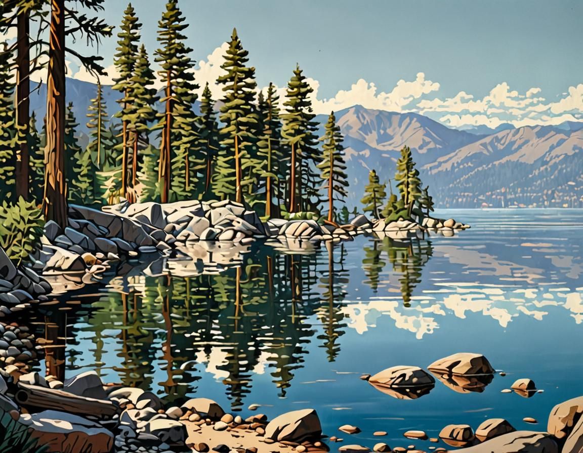 Paint-by-number Style Painting of Lake Tahoe
