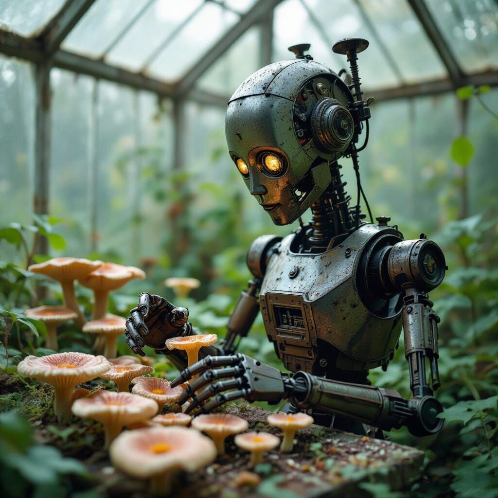 Victorian Automaton in Overgrown Greenhouse Collecting Fungi
