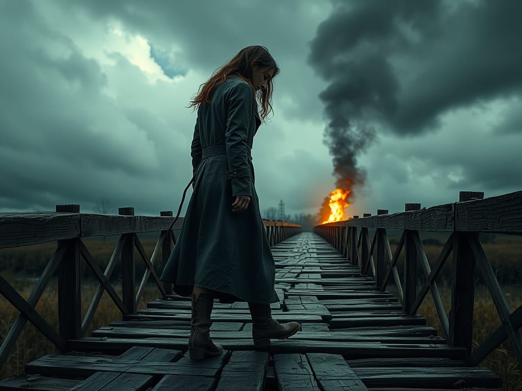 Distressed Woman Walks Away from Burning Bridge