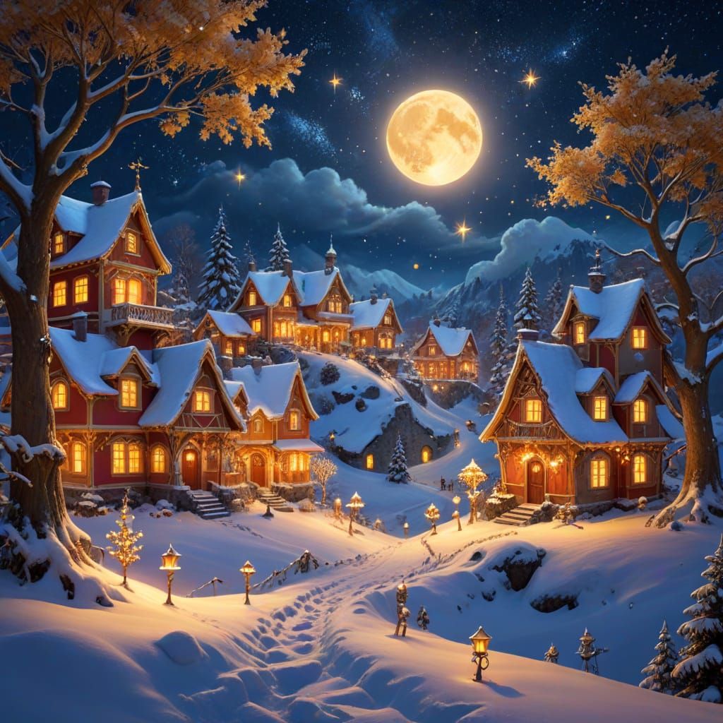 Whimsical Winter Village Under Starry Sky