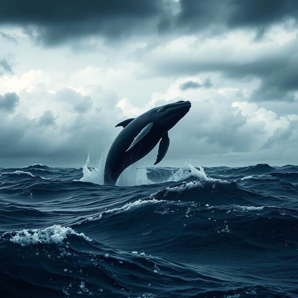 Whale Leaps from Wild Sea Under Stormy Skies