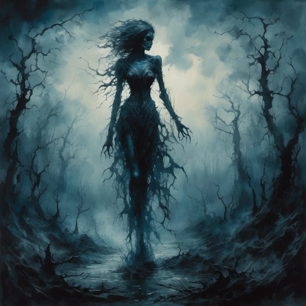 Gothic Lady Death in Stormy Forest, Watercolor Art