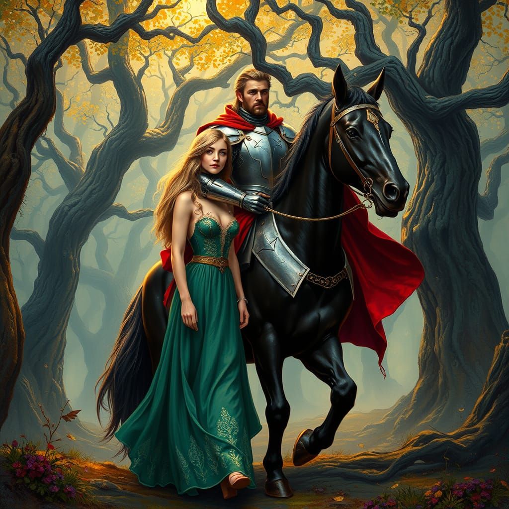 Hyper-Realistic Knight and Maiden in Eerie Forest Landscape