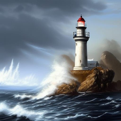 Hyperrealistic Lighthouse in Stormy Seas