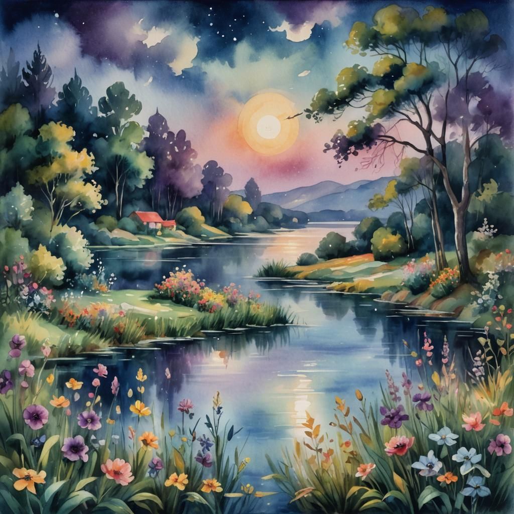 Dreamy Moonlit Landscape in Watercolor Style