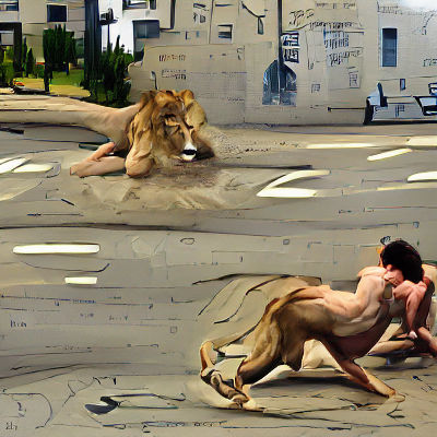 Naked Man Versus Lion Street Fight