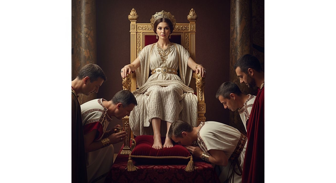 Opulent Roman Empress on Gold Throne with Senators