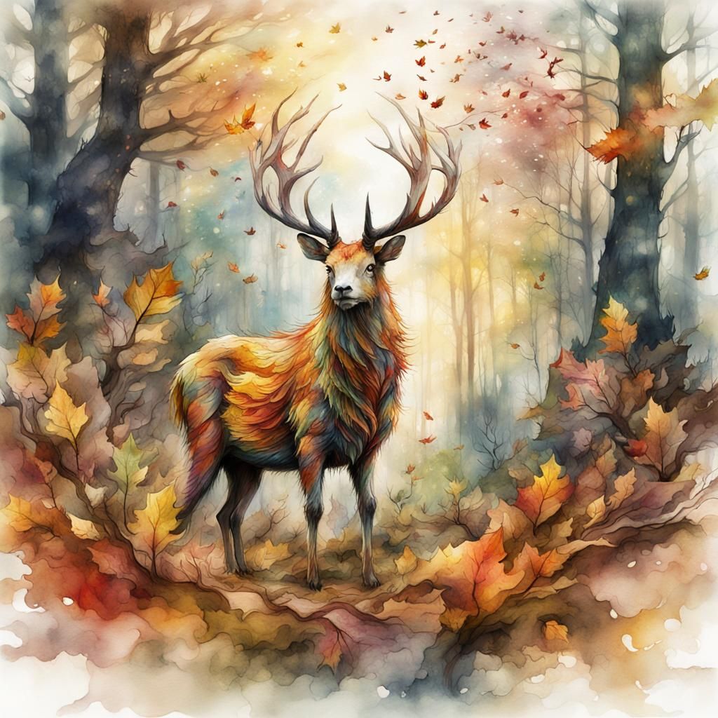 Autumnal Animal in Fantasy Watercolor Landscape