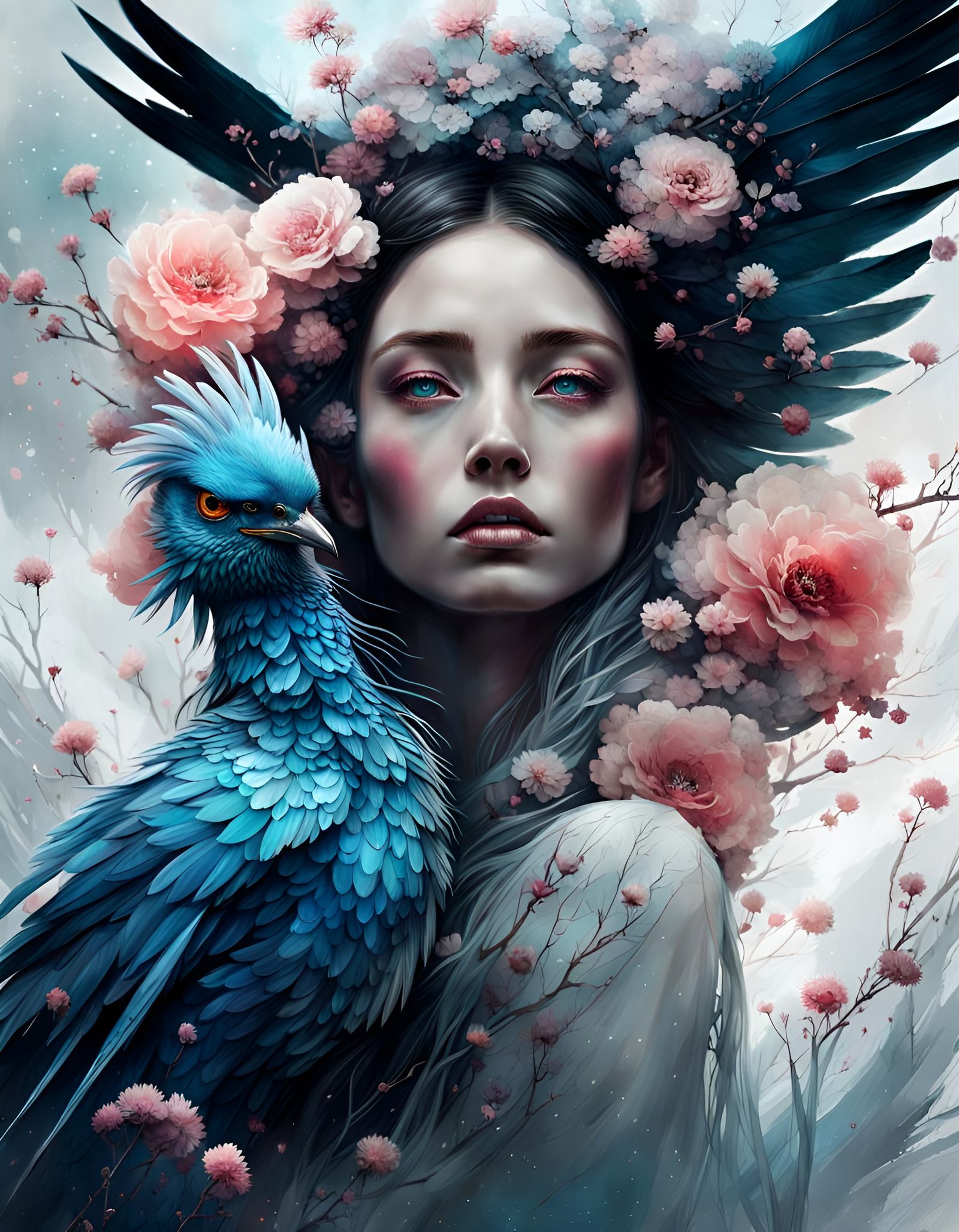 beautiful epic cinematography photo masterpiece, "Strange bird like creature with flower blossoms growing instead of fea...