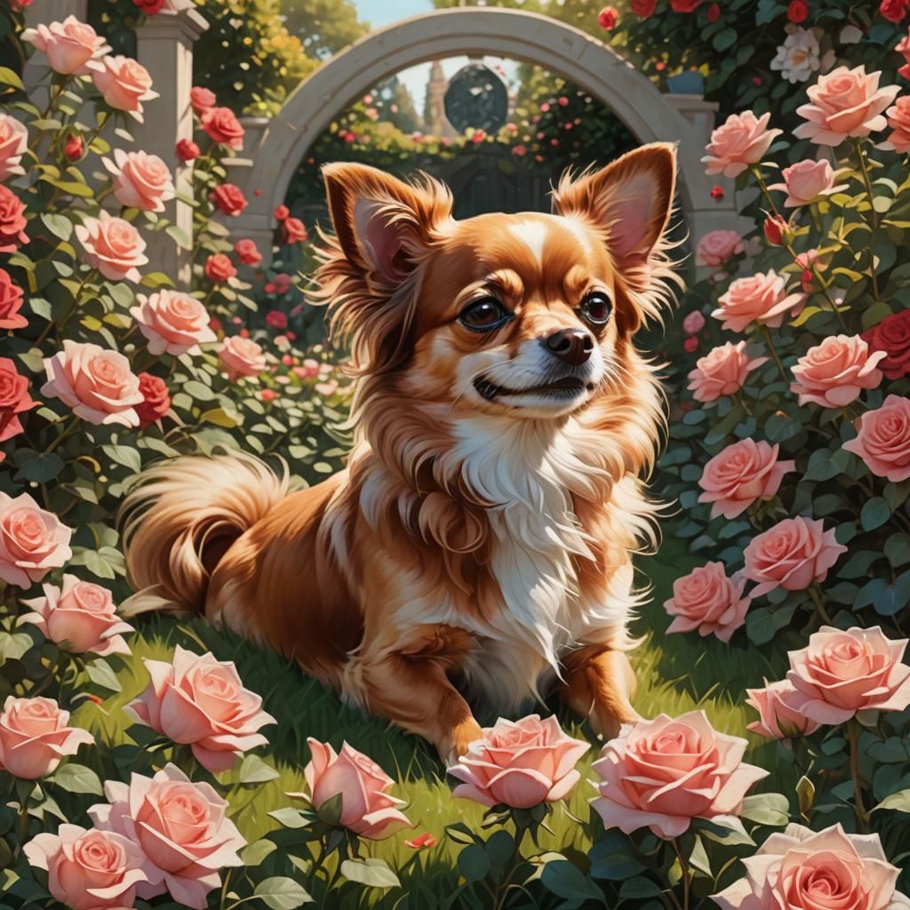Chihuahua Smiles in Rose Garden Portrait