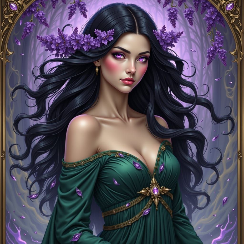 Art Nouveau Sorceress with Lilac Flowers