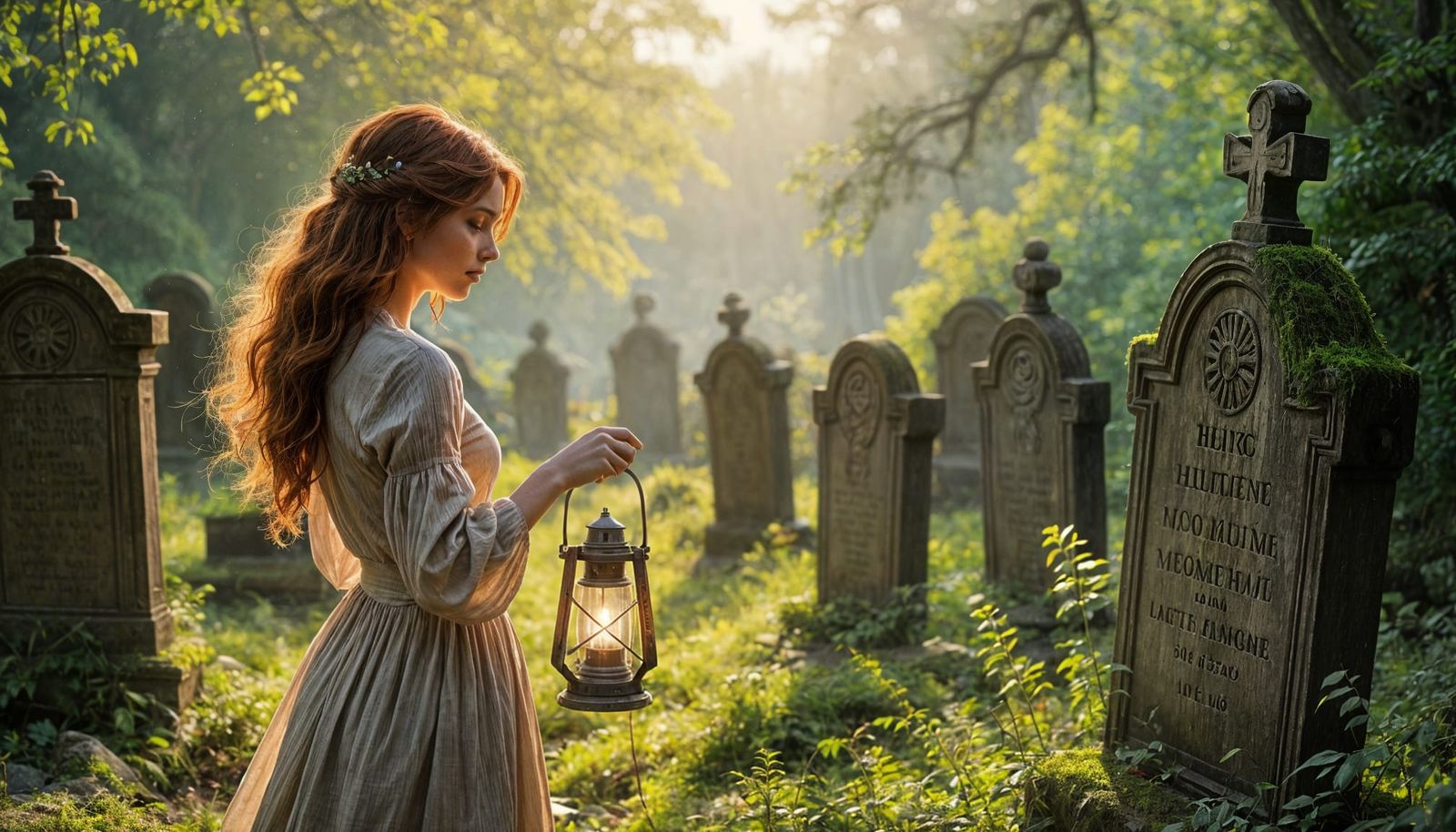 Woman in Sun-Dappled Graveyard with Antique Lantern