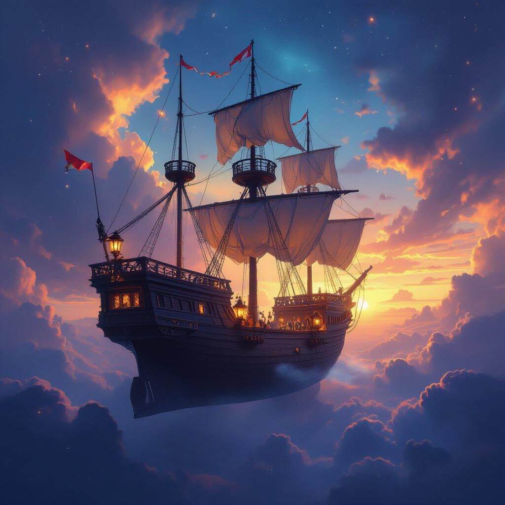 Majestic Flying Galleon in Ethereal Nebula Sky